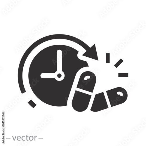 hour pills treatment, time taking dose medication icon, ingestion tablets reminder, flat vector illustration