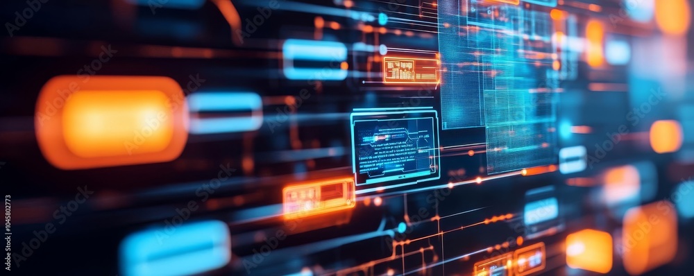 Blockchain-powered supply chain, augmented reality interface, sleek industrial background Blockchain-powered supply chain, augmented reality interface, sleek industrial background