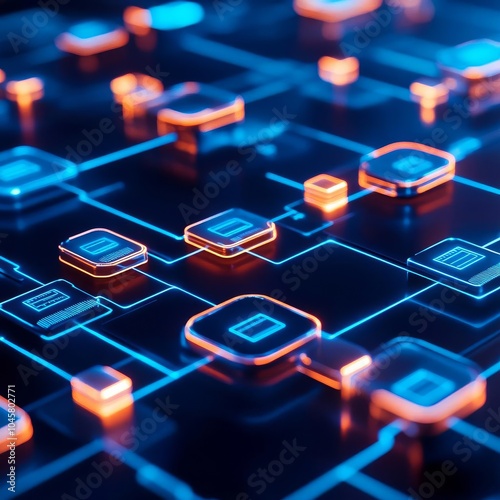 Blockchain-powered supply chain innovation, glowing data-driven network, futuristic tech hub