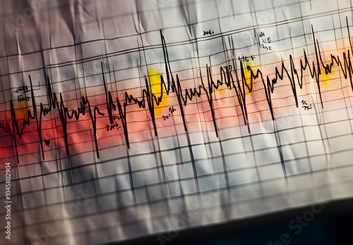 Electrocardiogram in paper form. Analog electrocardiographic recording. ECG example. photo