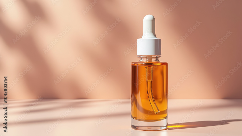 Naklejka premium Amber glass dropper bottle on a soft pastel background with sunlight shadows, ideal for promoting organic skincare or essential oils.