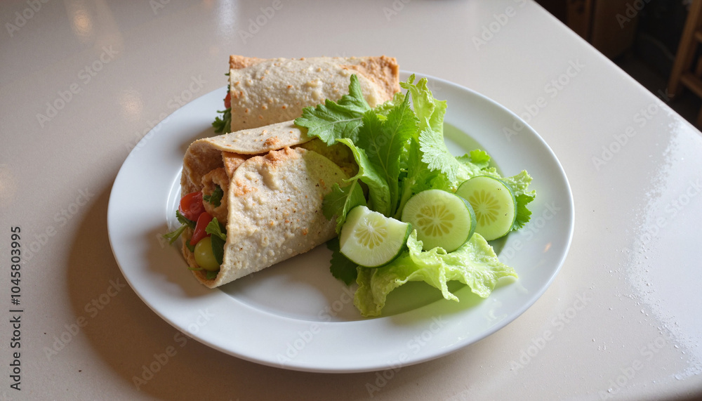Delicious vegetable wrap served with fresh lettuce and cucumber slices on white plate Delicious vegetable wrap served with fresh lettuce and cucumber slices on white plate
