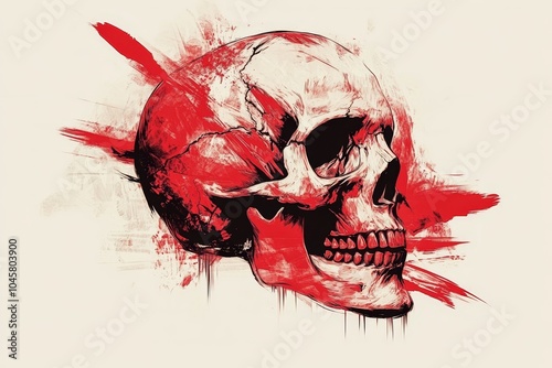 A stylized illustration of a human skull with bold red brushstrokes symbolizing death, memory, life, spirit, and the fragility of existence.