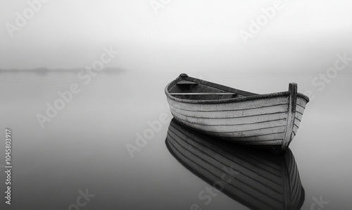 Elegant Boat on the water Black and White Outline Art, Modern Lake Wallpaper Background Design