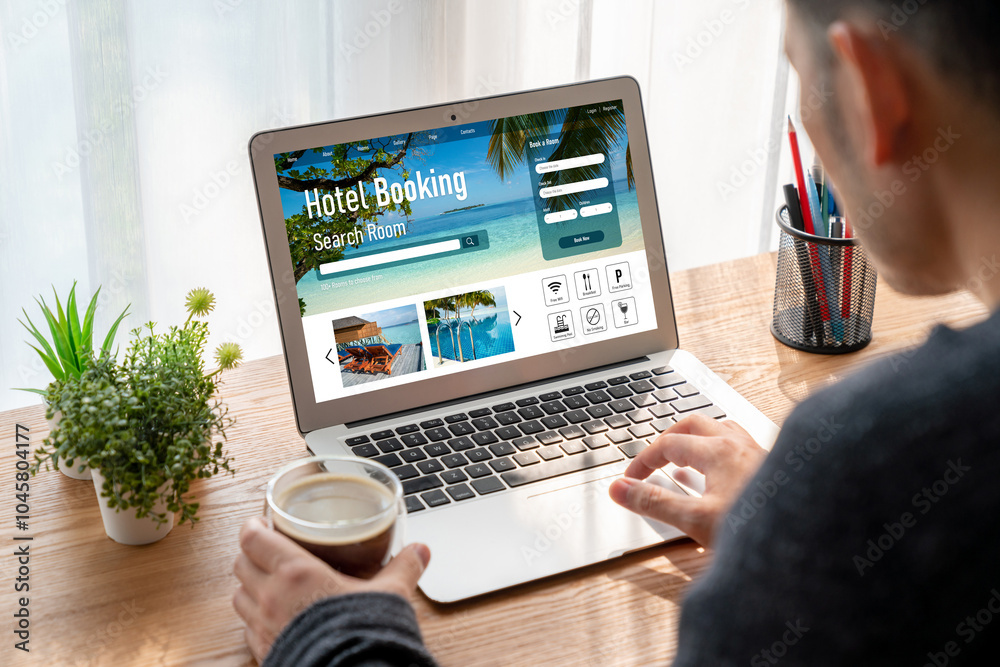 Fototapeta premium Online hotel accommodation booking website provide modish reservation system . Travel technology concept .