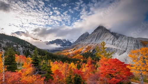 dramatic mountain landscape with vibrant clouds and autumn foliage