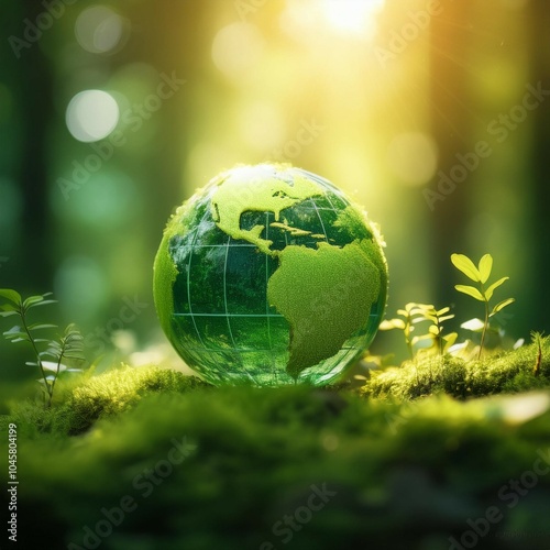 earth day green globe in forest with moss and defocused abstract sunlight environment concept