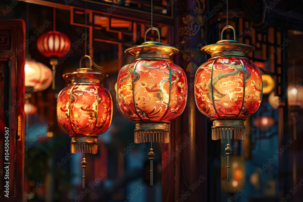 Three red lanterns hanging from the ceiling. The lanterns are lit up and have a warm glow Three red lanterns hanging from the ceiling. The lanterns are lit up and have a warm glow