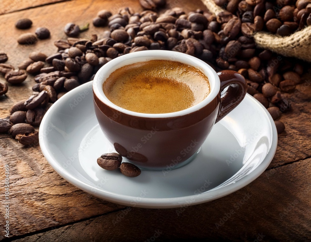 Fototapeta premium espresso coffee cup with beans on vintage table