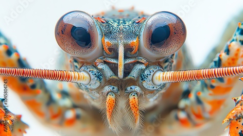 A vibrant close-up of a reef lobster, showcasing its colorful eyes and intricate textures against a soft background. photo