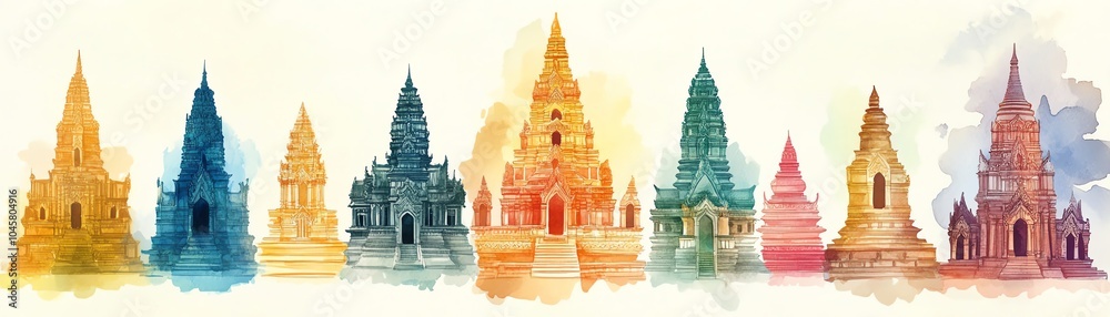 Obraz premium A vibrant watercolor illustration showcasing a series of beautiful ancient temples in various colors and styles.