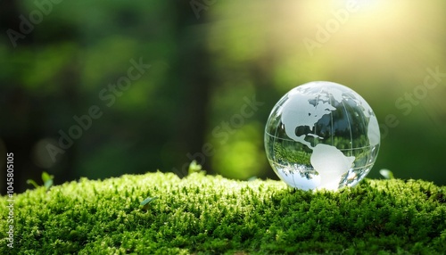 glass globe on green moss in nature concept for environment and conservation