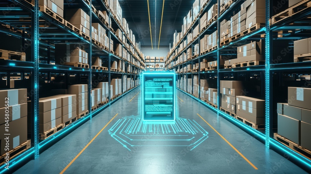 Fototapeta premium Modern warehouse with digital elements, organized storage, and box shelves.
