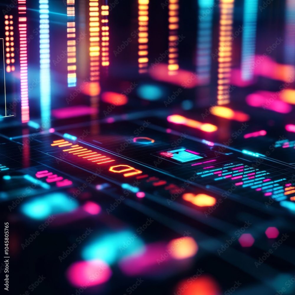 Holographic blockchain contracts, futuristic finance dashboard, glowing data points, neon-lit