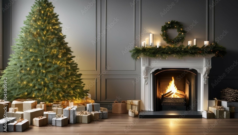 holiday able with christmas tree and fireplace with copy space holiday able with christmas tree and fireplace with copy space