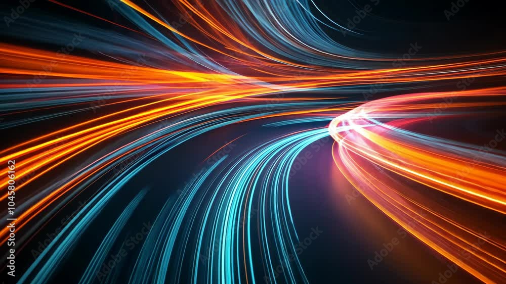 Abstract lines of light in blue and orange swirl around each other in a dark background, creating a vibrant, dynamic composition Abstract lines of light in blue and orange swirl around each other in a dark background, creating a vibrant, dynamic composition