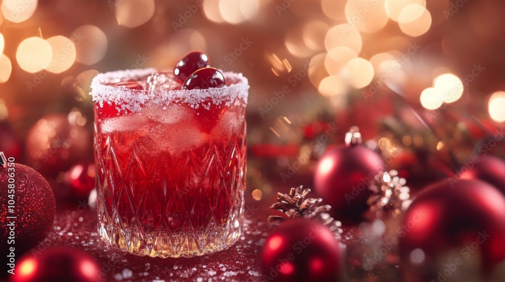 A refreshing holiday cocktail garnished with cranberries and served in a crystal glass sits surrounded by glittering ornaments and festive decor, creating a joyful ambiance perfect for celebrations. A refreshing holiday cocktail garnished with cranberries and served in a crystal glass sits surrounded by glittering ornaments and festive decor, creating a joyful ambiance perfect for celebrations.