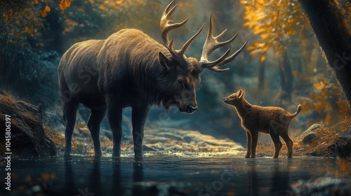 Majestic Elk and Fawn in the Forest