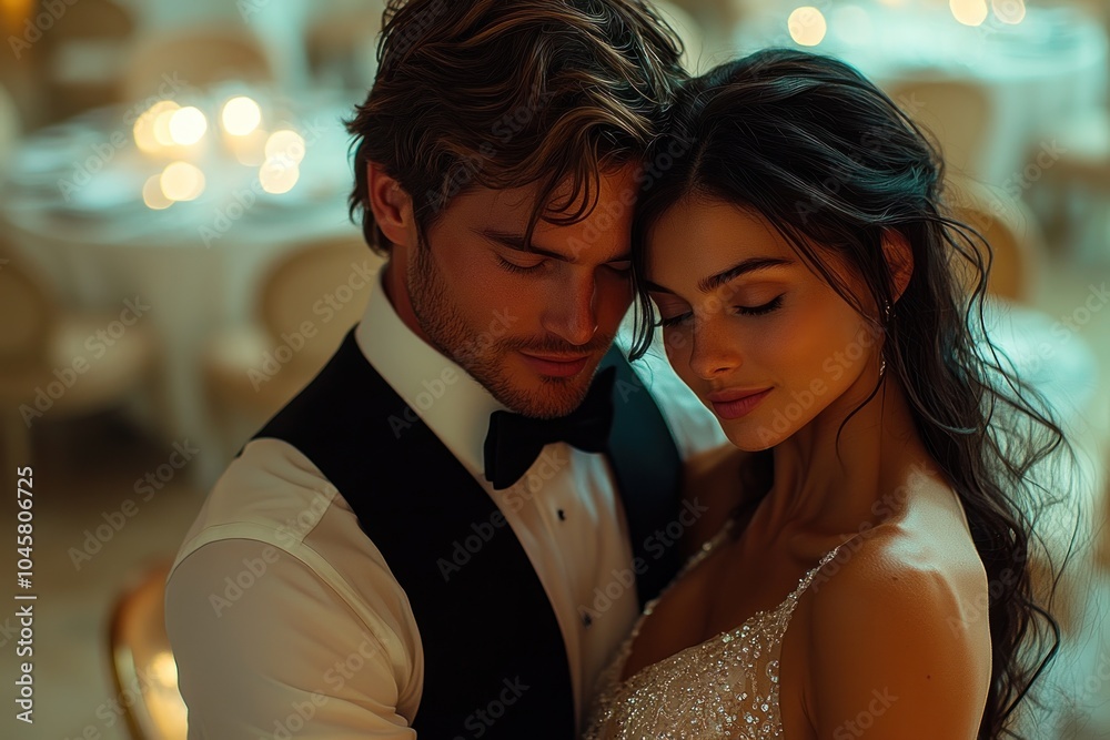 A romantic couple embracing in an elegant setting, capturing an intimate moment. A romantic couple embracing in an elegant setting, capturing an intimate moment.