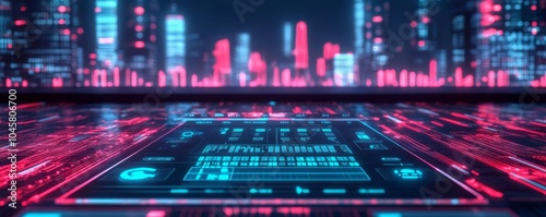 Virtual blockchain interface, augmented reality dashboard, cyberpunk city skyline