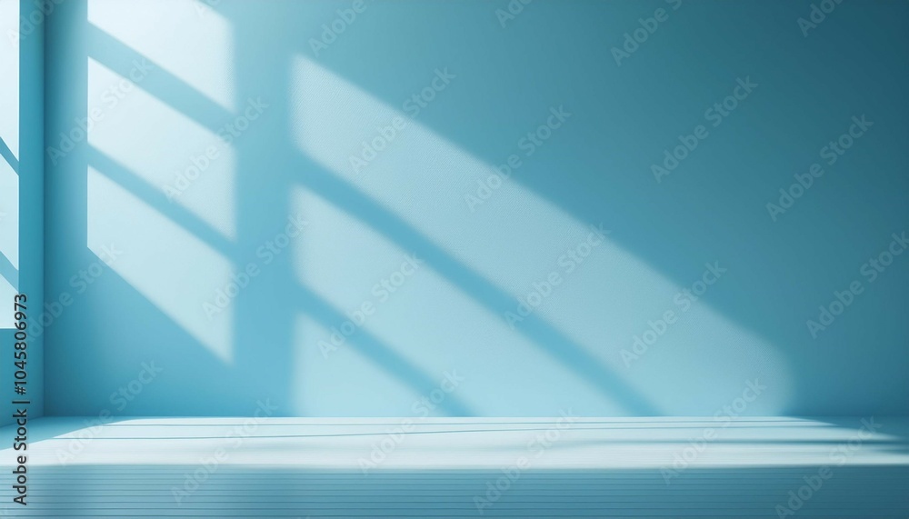 Fototapeta premium minimal abstract simple light blue background for product presentation shadow and light from windows on plaster wall