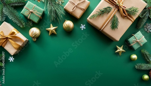 merry christmas and happy holidays greeting card frame banner new year noel wrapped christmas gifts presents and decorations on green background top view winter xmas holiday theme