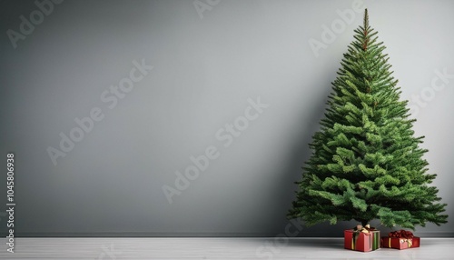 merry christmas card winter holiday theme happy new year green christmas spruce tree on grey painted wall background