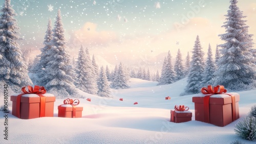 Fototapeta Naklejka Na Ścianę i Meble -  Merry Chrimast Background. Decorated christmas trees with red garlands into a forest on a snowy sunrise close to xmas gifts in red boxes , Generative AI illustration