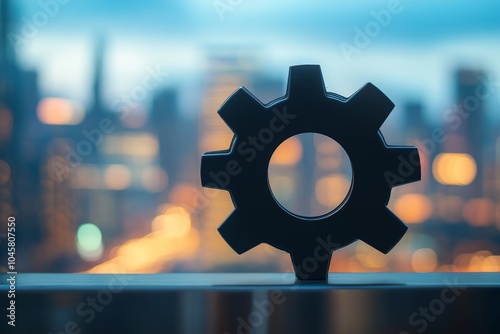 A single gear symbol stands against a backdrop of a blurred cityscape, symbolizing industry, progress, teamwork, mechanics, and technology. photo