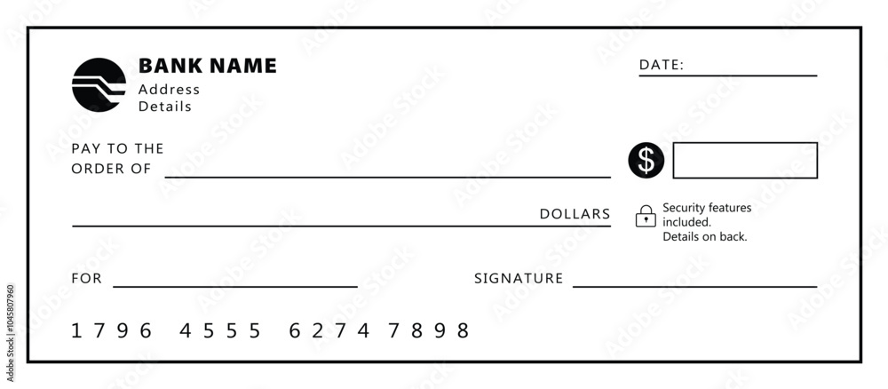 Blank money cheque. Bank check. Check book template with pattern and empty fields. Currency payment coupon, US dollar check background. Blank money cheque. Bank check. Check book template with pattern and empty fields. Currency payment coupon, US dollar check background.