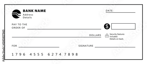 Blank money cheque. Bank check. Check book template with pattern and empty fields. Currency payment coupon, US dollar check background.