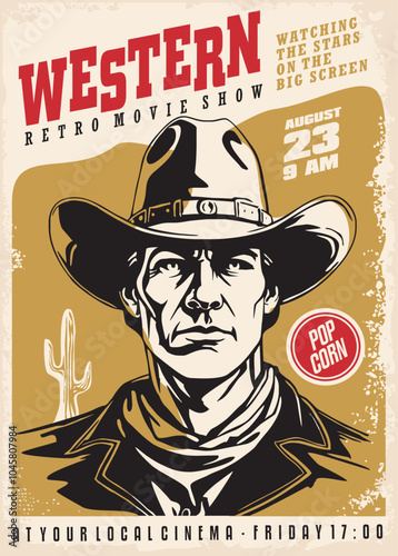 Cowboy graphic retro poster design for cinema event. Western movies festival vintage flyer concept with gunman portrait on golden background. Vector illustration.