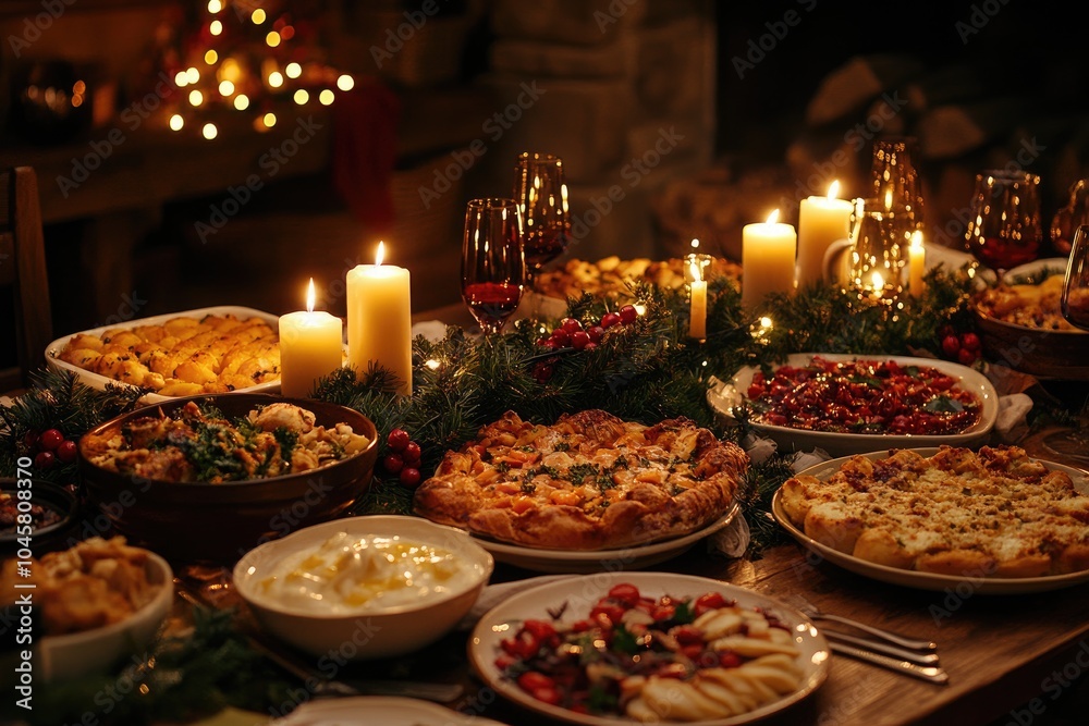 Fototapeta premium Cozy Holiday Feast with Candles and Various Dishes on a Festive Table Setting