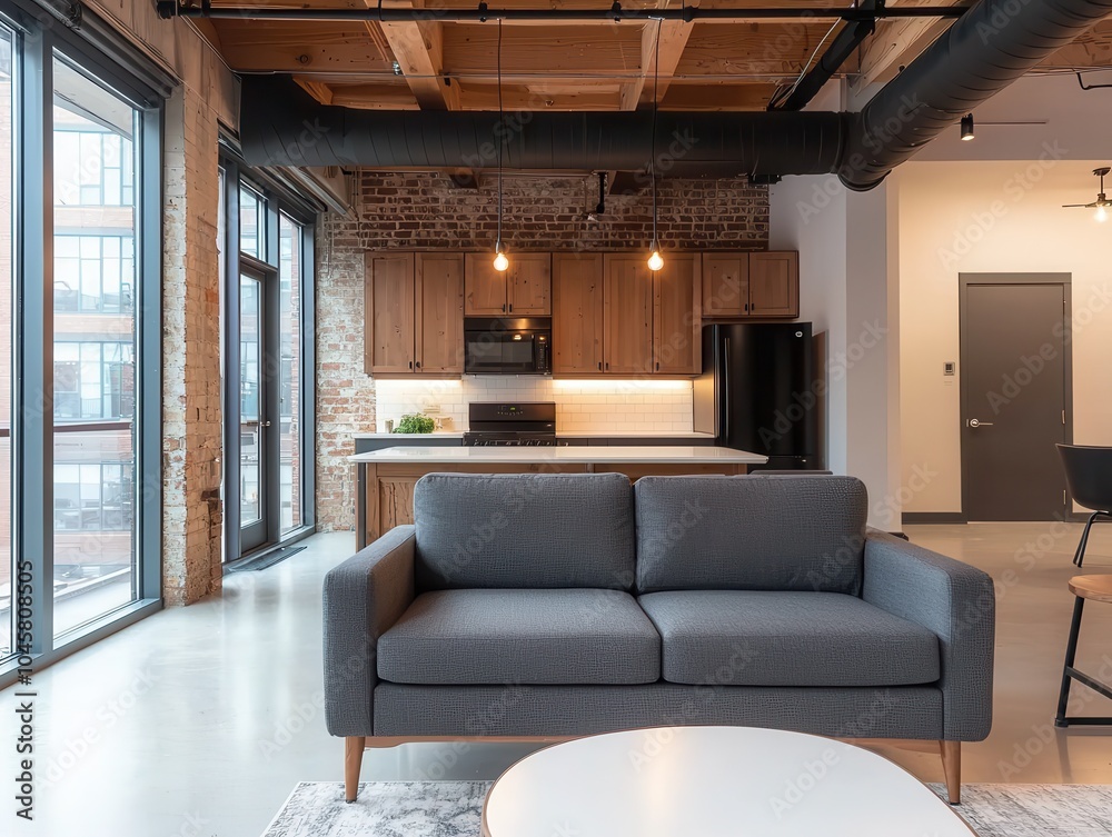 Fototapeta premium A modern living room featuring a stylish gray couch, wooden cabinetry, and large windows, blending comfort with contemporary design.