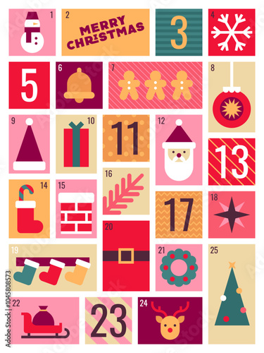 Colorful Advent Calendar with Christmas Symbols and Holiday Decorations