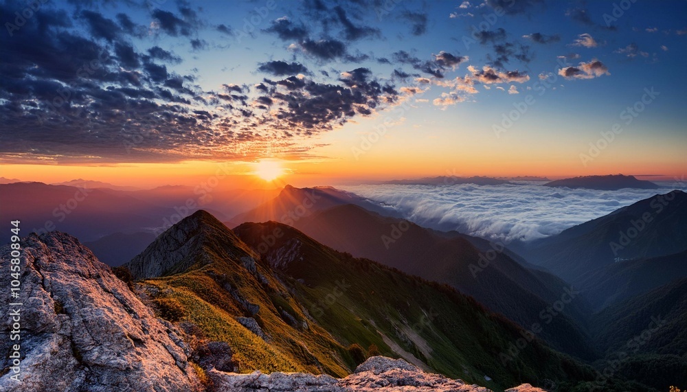 Obraz premium stunning sunset view from a mountain peak showcasing clouds and distant landscapes