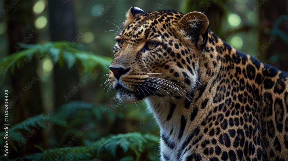 A majestic leopard with a piercing gaze stares out of the jungle. A majestic leopard with a piercing gaze stares out of the jungle.