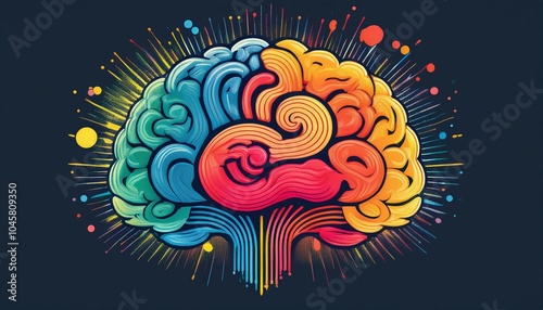 vector logo and illustration with minimalist design featuring vibrant brain imagery and ideas emerging from the mind