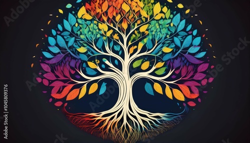 vibrant tree of life with roots and colorful leaves n vector illustration