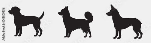 Three black sillhouettes of dogs on white background, set of vector dog sillhouette
