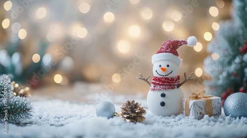 Wrapped presents with a wintery figure and decorations placed beneath a tree, with a blurred backdrop of twinkling lights.