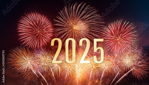 2025 happy new year celebration with red and golden firework in eve night