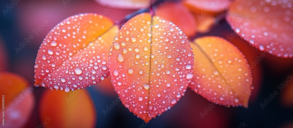 Close-up of vibrant orange leaves adorned with water droplets, showcasing nature's beauty. Close-up of vibrant orange leaves adorned with water droplets, showcasing nature's beauty.
