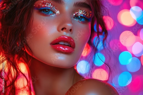 Glamorous Woman with Glitter Makeup and Neon Bokeh Lights in Vibrant Colors