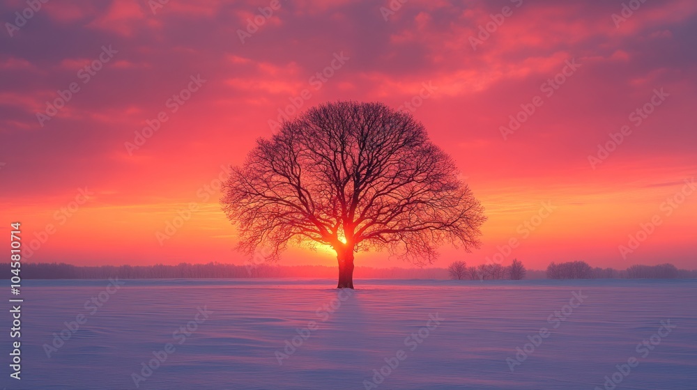 A solitary tree silhouetted against a vibrant sunset over a snowy landscape. A solitary tree silhouetted against a vibrant sunset over a snowy landscape.