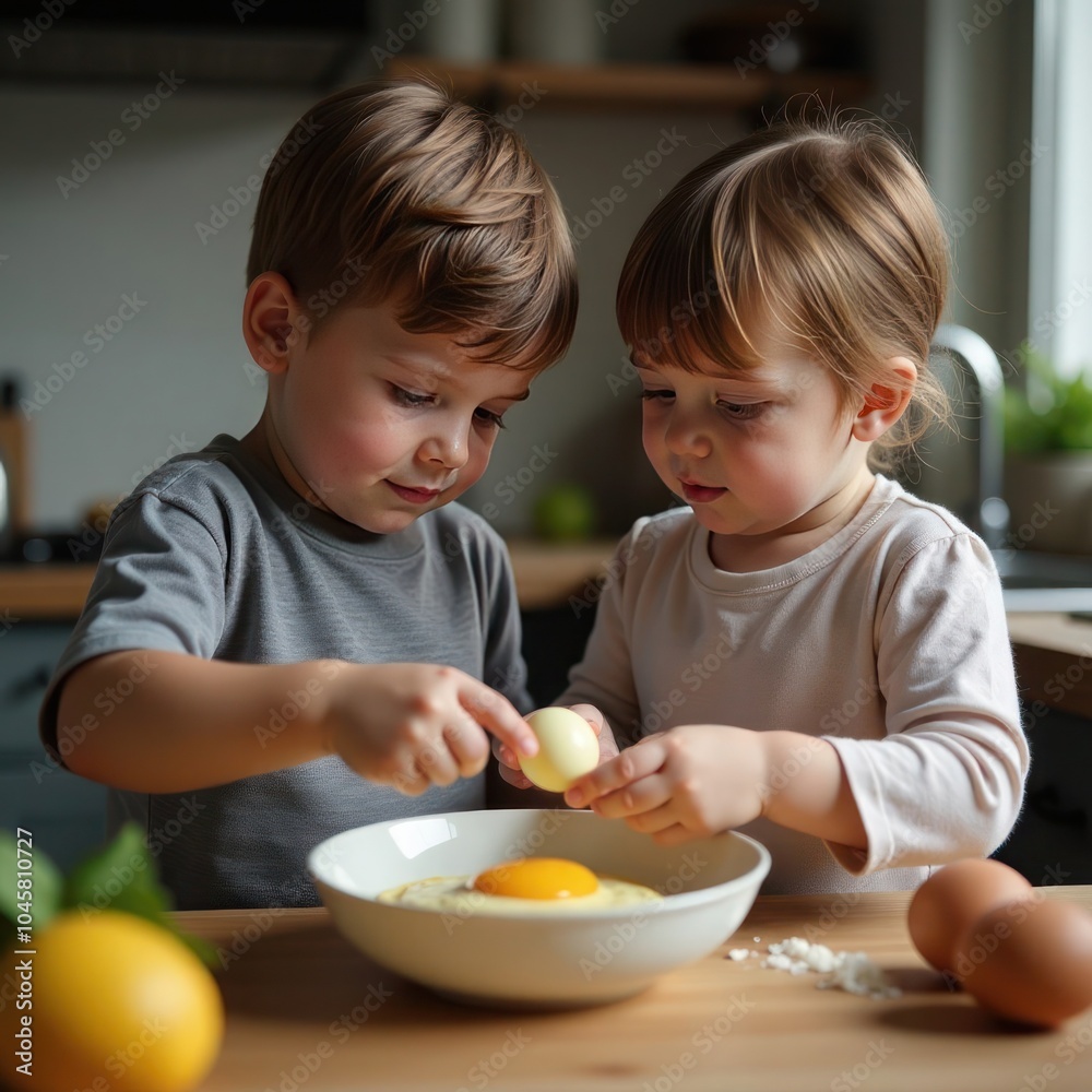 Siblings Collaborate in the Kitchen Cracking Eggs for a Fun Cooking Project