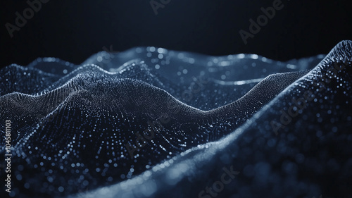 Abstract AI technology network with moving dots and lines on a dark navy blue background in 3D motion
