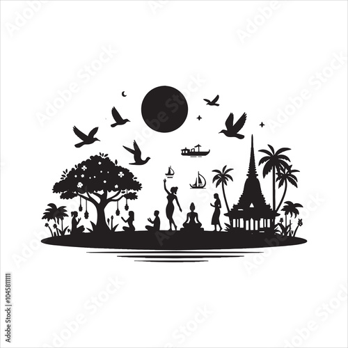 Cultural landscape silhouette vector with people, birds, trees, and temple under the moonlit night sky
