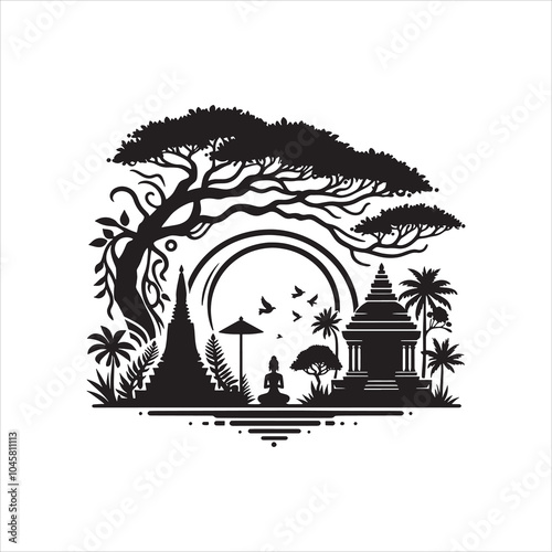 Tree of life silhouette vector with serene village and nature, showing peaceful rural living and balance