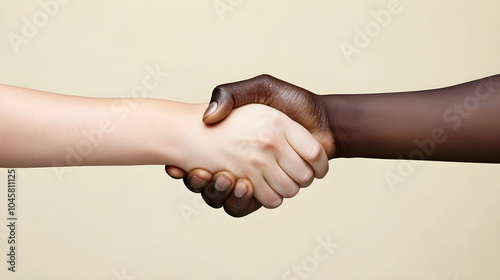 Close-up of white and black man shaking hands isolated on beige background. Rivalry and friendship, cooperation, friendly greeting. Interracial communication, reconciliation of parties.